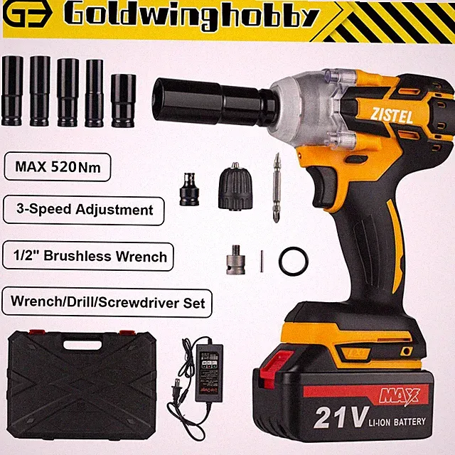 1/2" Brushless Wrench Drill 21V 520NM Power Cordless Impact Wrench W/ Battery