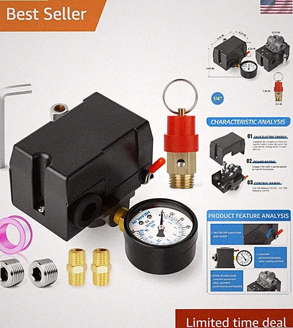 4-Way Air Compressor Pressure Switch 110V-240V with Safety Relief Valve