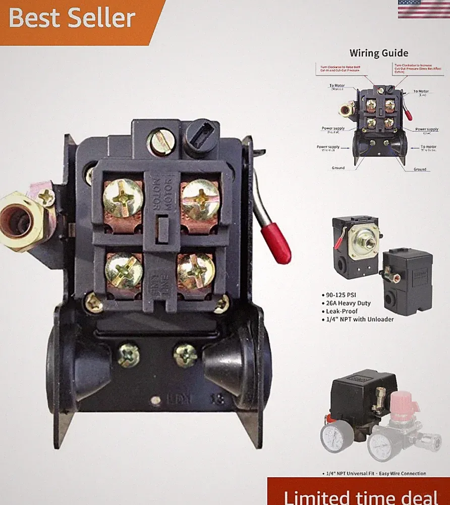 Air Compressor Pressure Switch 90-125 PSI, 26A Heavy Duty 1/4" NPT Single Por...