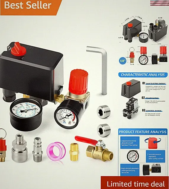 Complete Air Compressor Control Kit: Switch, Regulator & Pressure Relief Valve