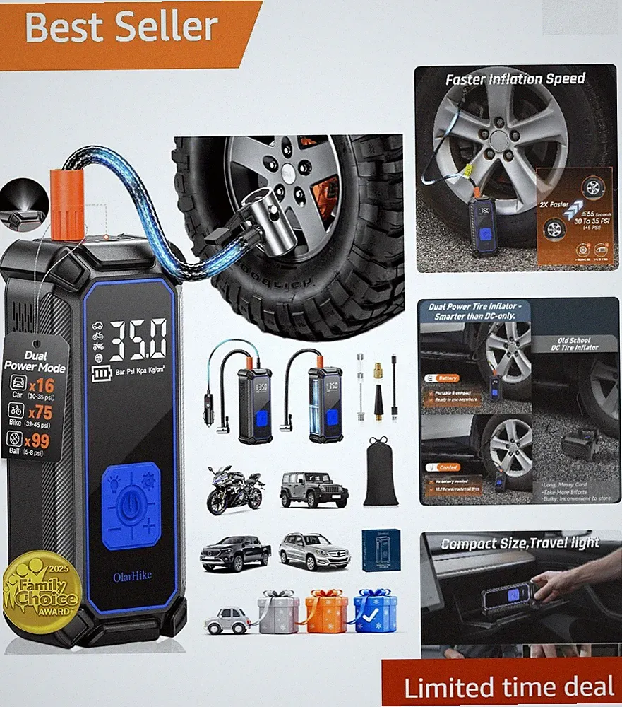 Cordless Tire Inflator – 150 PSI Air Compressor with LED Light & Gauge, 5400 mAh