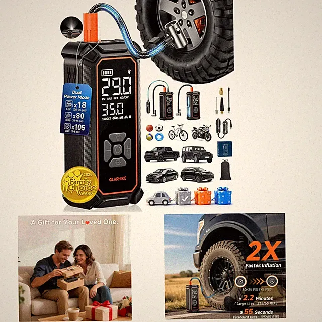 Wireless Tire Inflator with 6000mAh Battery - Digital Pressure Gauge & LED Light